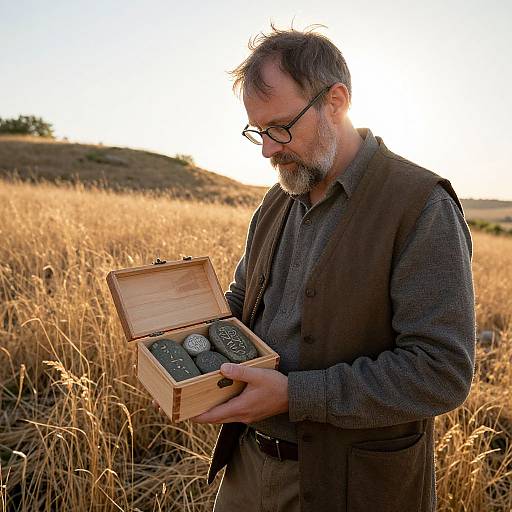 Middle-aged man with glasses and beard, wearing brown vest over gray shirt, holding open wooden box with coins in golden wheat field at sunset. Photograph.
