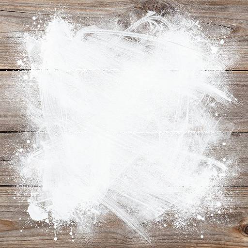 Photograph of a white, roughly brushed, square-shaped paint splatter on a wooden plank background with visible grain and texture.