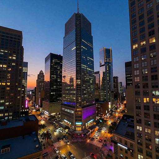 Photograph of a vibrant cityscape at dusk, featuring tall skyscrapers with illuminated windows, colorful neon lights, and a blue-to-orange gradient sky