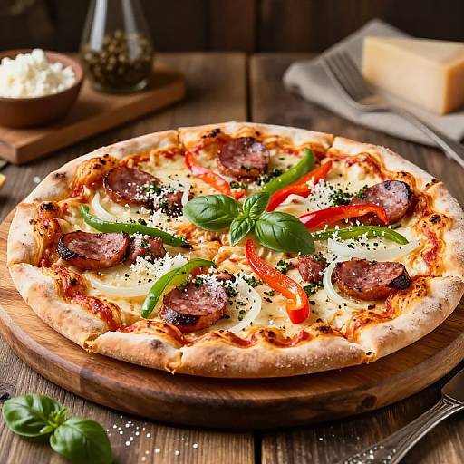 Photograph of a rustic pizza on a wooden table, topped with pepperoni, green bell peppers, red bell peppers, basil, and grated Parmesan