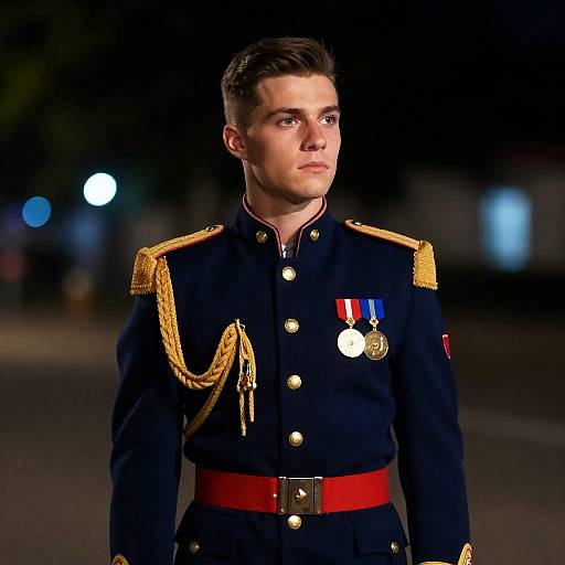 Young Man in Military Uniform at Night