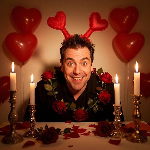 Photograph of a smiling man with red heart-shaped antlers, black shirt adorned with roses, surrounded by lit candles and red balloons.