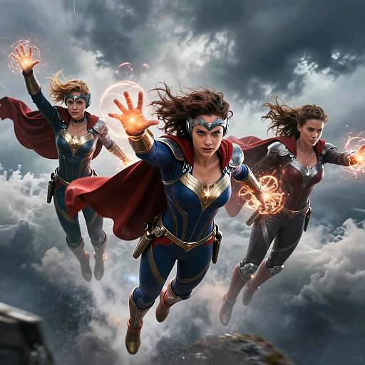 Photorealistic digital art of three superhero women in blue and red costumes, flying through cloudy sky, with glowing hands and red capes.