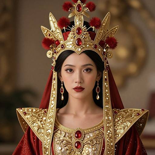 Photorealistic digital artwork of an East Asian woman with fair skin, wearing an ornate gold and red crown, veil, and regal gown,