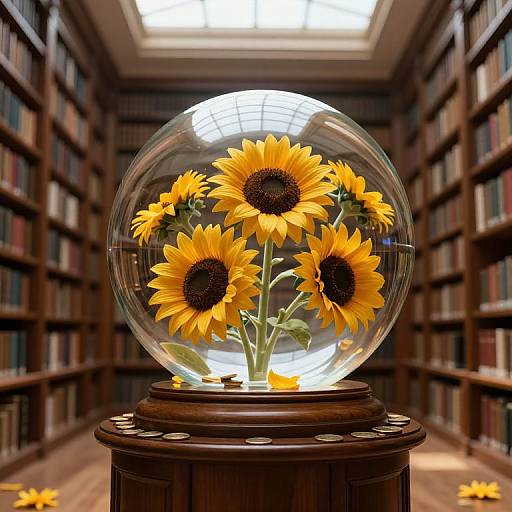 Photograph of a glass snow globe with vibrant yellow sunflowers, centered in a library aisle with wooden bookshelves.