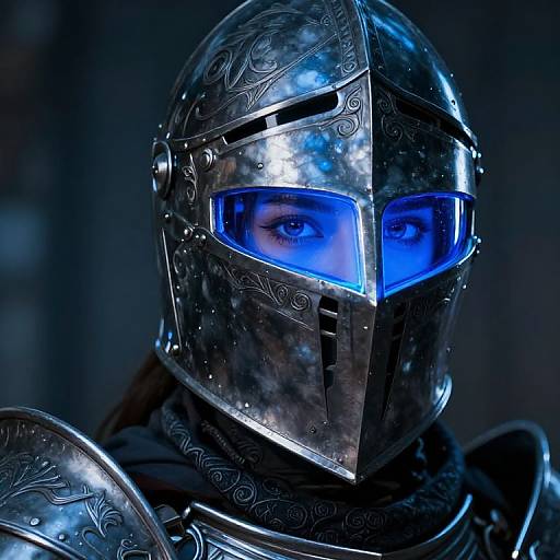 Photograph of a medieval-style armored knight with a reflective silver helmet, blue-tinted visor, and intricate engravings, revealing intense blue