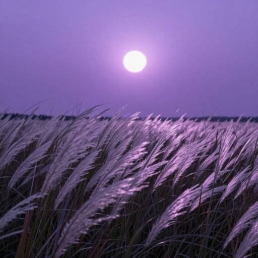Photograph of a purple-hued sunset over a field of swaying, silver-tipped grass, with the sun as a bright white orb in the