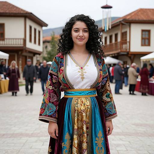 Photograph of a curly-haired woman with medium skin tone, wearing a colorful, ornate traditional dress with a white blouse, standing in a bustling,