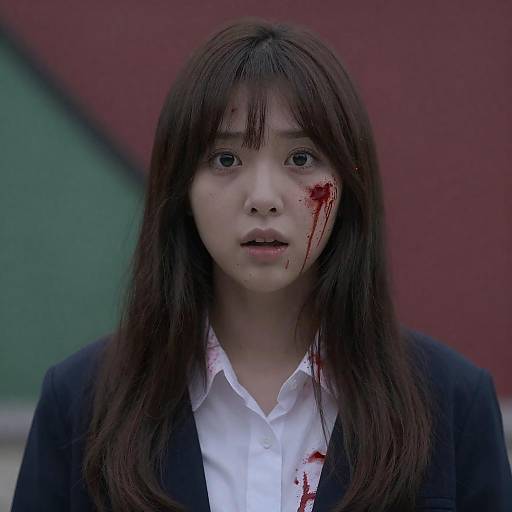 Shocked Woman with Blood-Splattered Shirt