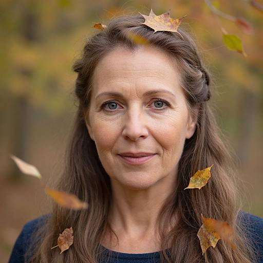 Photograph of a middle-aged woman with blue eyes, brown hair in loose waves, wearing a black sweater, surrounded by autumn leaves in a forest.