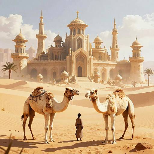 Photorealistic image of a lone figure in desert robes standing between two camels in front of an ornate, sunlit, Middle Eastern palace with