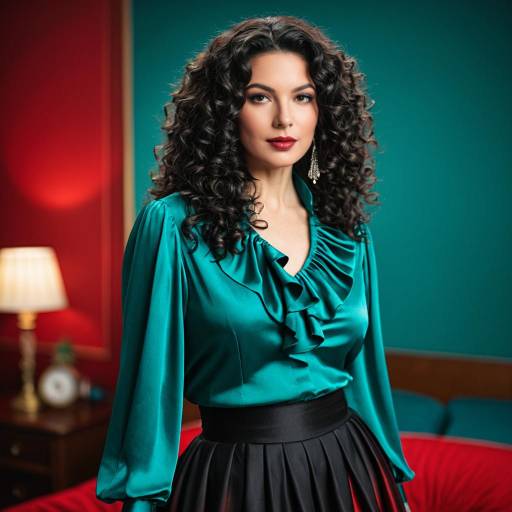 Elegant Woman in Teal Silk Blouse and Black Skirt