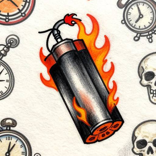 Tattoo-style digital artwork of a black firebomb with vivid orange flames, surrounded by vintage pocket watches and white skulls.