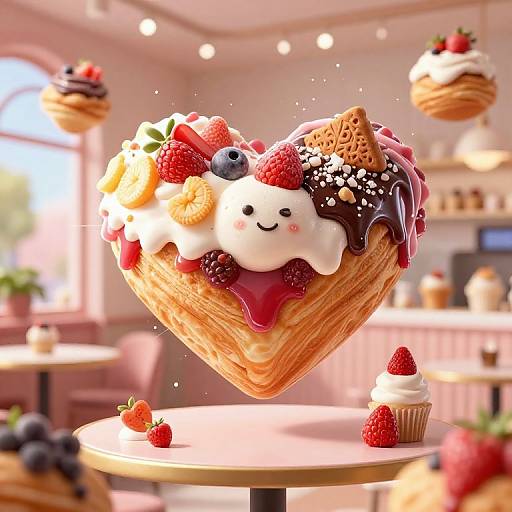 Whimsical CGI image of a heart-shaped waffle topped with whipped cream, strawberries, blueberries, raspberries, and chocolate, floating in a