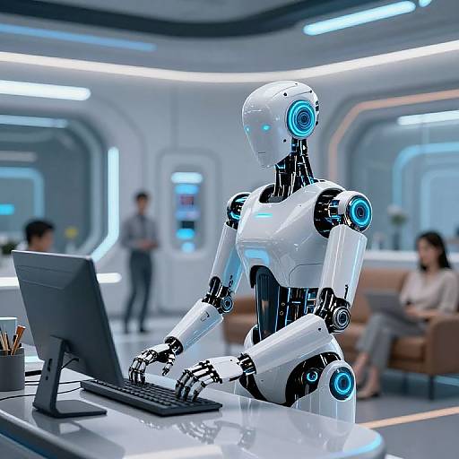 Photograph of a futuristic office with a white, blue-accented humanoid robot typing on a computer, surrounded by blurred humans in a sleek, illuminated