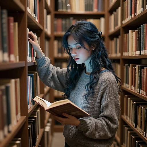 Photograph of a young woman with long, wavy black hair, wearing a gray knit sweater, reading a book in a dimly lit, wooden
