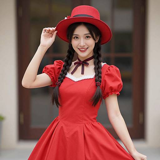 Photograph of an Asian woman with long braided hair, wearing a red dress and matching hat, smiling outdoors against a blurred window backdrop.