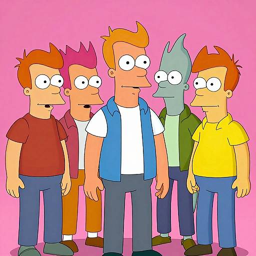 Cartoon image of five men with exaggerated features, colorful hair, and simple clothing, standing against a pink background. Central man wears blue vest; others