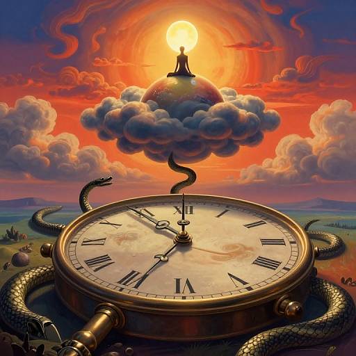 Digital artwork of a clock with snake-like arms, glowing sun behind a cloud, vibrant red-orange sky, surreal landscape, and surreal elements.