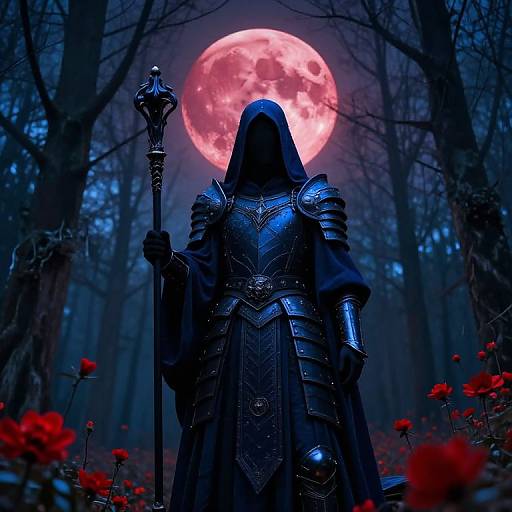 Spectral Warrior Beneath Crimson Moon