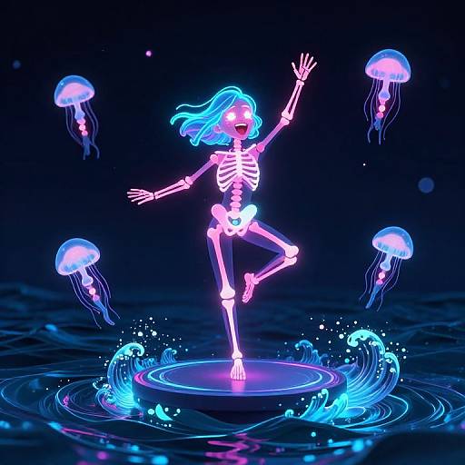 Glowing neon skeleton girl dancing on water, surrounded by floating jellyfish, with vibrant blue and pink lights in a dark, underwater-like scene.