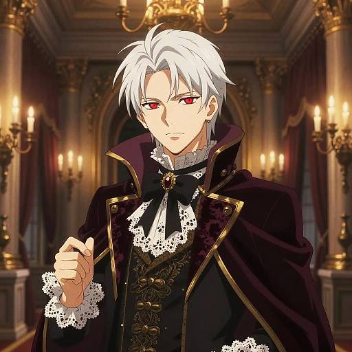 Anime-style digital illustration of a white-haired, red-eyed male character in an ornate, black, gold-trimmed cloak with lace details, standing