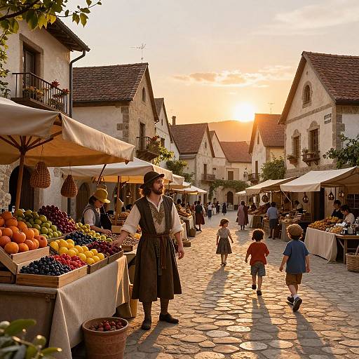 Photograph of a sunlit, rustic village market with a bearded man in historical attire, children walking, and vibrant fruit stalls at sunset.