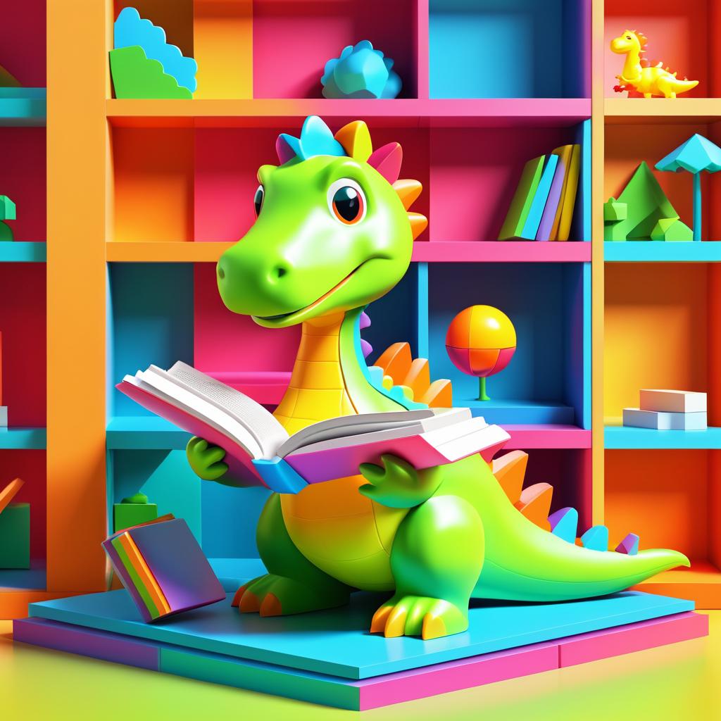 Playful 3D Dinosaur Reading a Book