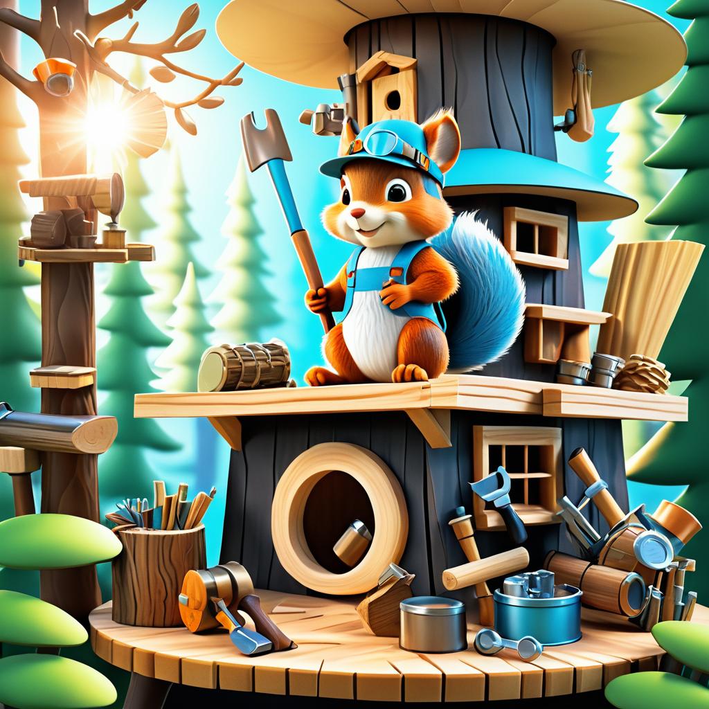 Whimsical Squirrel Crafting a Treehouse