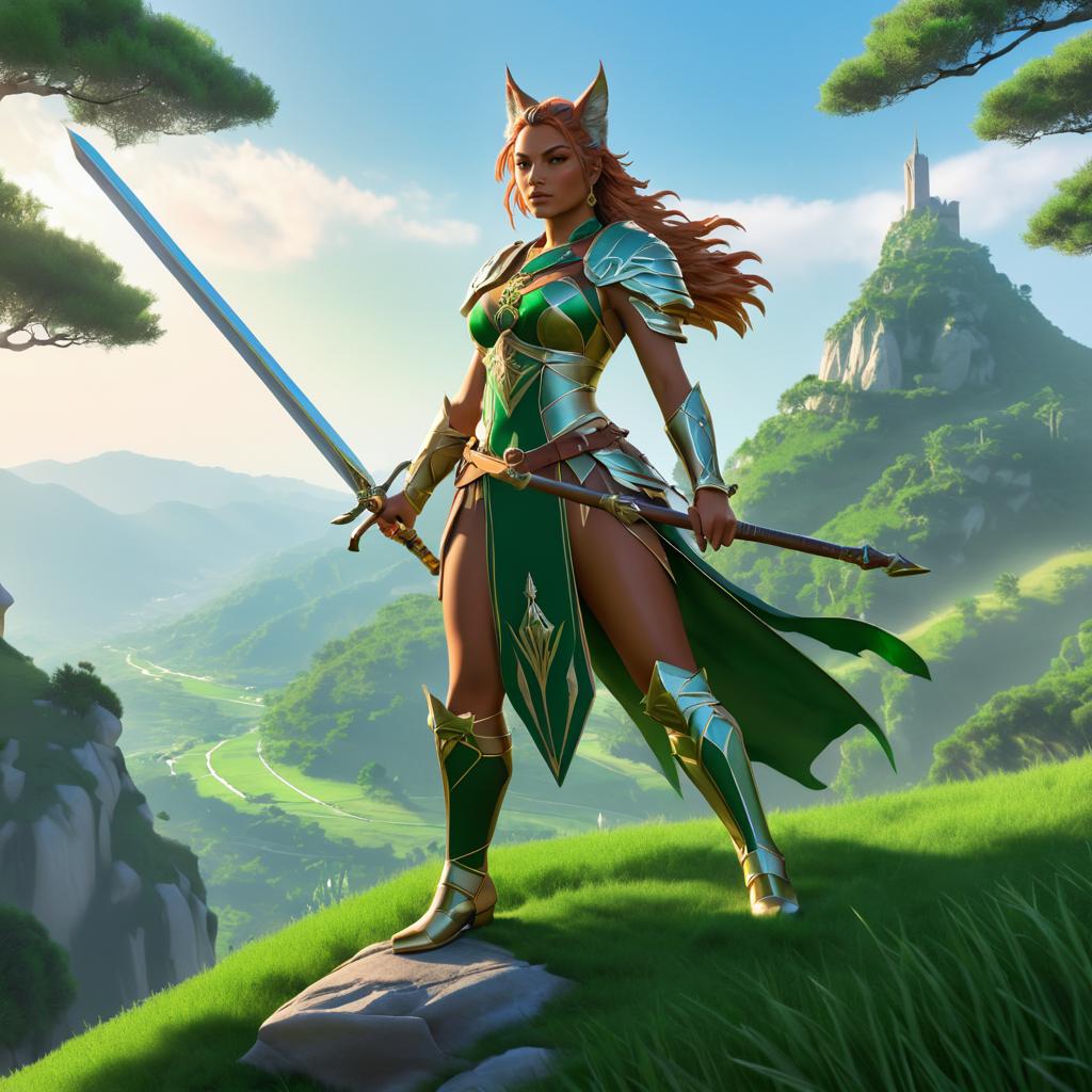 Heroic Lynx Warrior in Fantasy Landscape