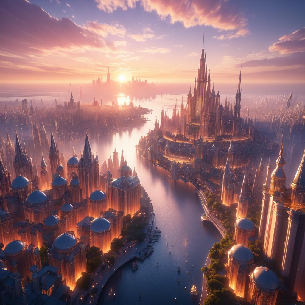 Ethereal Fantasy City Skyline at Sunset