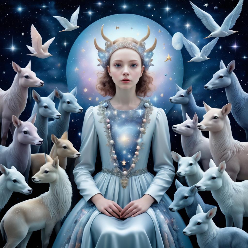 Celestial Girl with Dreamlike Night Animals