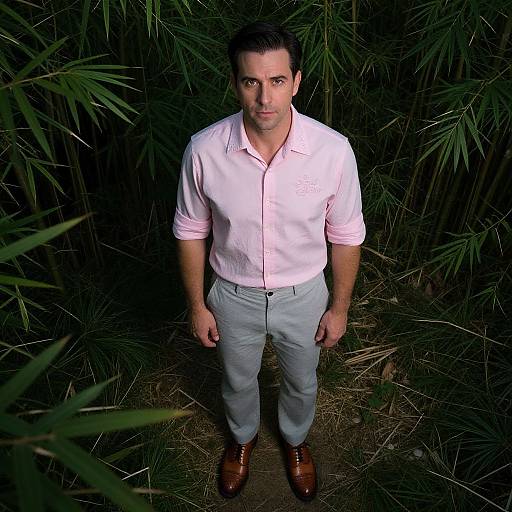 Photograph of a middle-aged man with short dark hair, wearing a pink button-up shirt, light gray pants, and brown shoes, standing in front