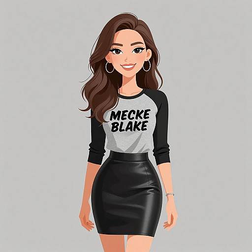 Digital illustration of a smiling woman with long brown hair, wearing a black-and-white raglan shirt with 