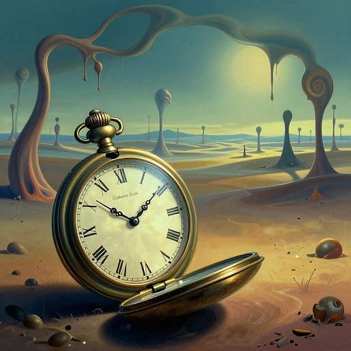 Digital painting of an antique pocket watch with open lid, glowing clock face, in a surreal, alien desert landscape with dripping, twisted trees under a yellow