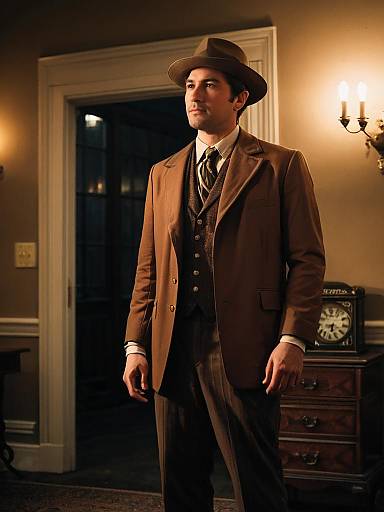 Man in Brown Suit and Hat in Vintage Room