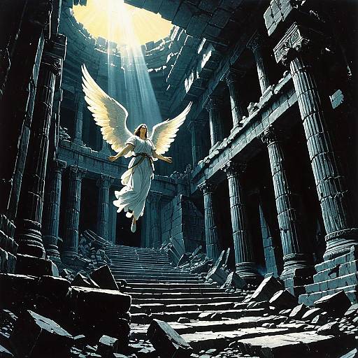 Angel Descending Through Ancient Ruined Temple
