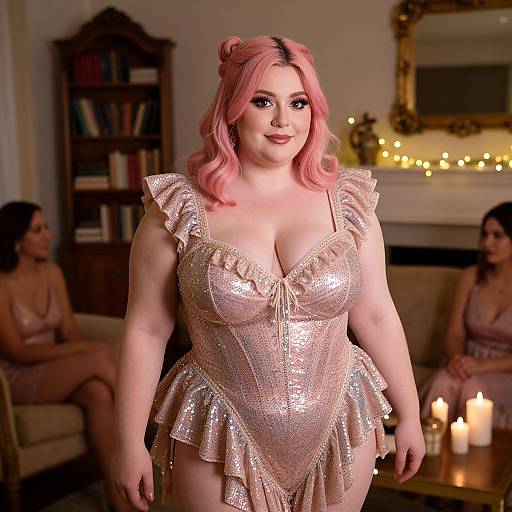 Photograph of a curvy woman with pink hair in a shimmering, ruffled, gold dress standing in a warmly lit living room with candles and