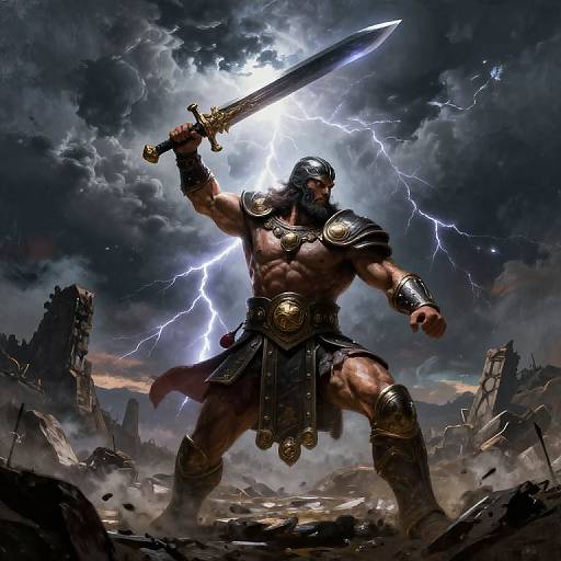 Digital artwork of a muscular, bearded warrior in ancient armor, holding a glowing sword, standing amid lightning bolts in a ruined, cloudy sky.