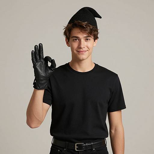 Young man with wavy brown hair, wearing a black t-shirt, black gloves, and pointed hat, smiling, giving a thumbs-up gesture. White