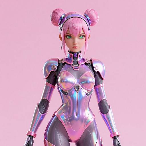 CGI image of a pink-haired, green-eyed, anime-style woman in a shiny, futuristic, metallic pink and silver bodysuit with double b