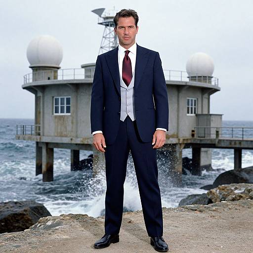 Photograph of a man in a black suit, white vest, and red tie standing on rocky shore with stormy ocean waves and a lighthouse in