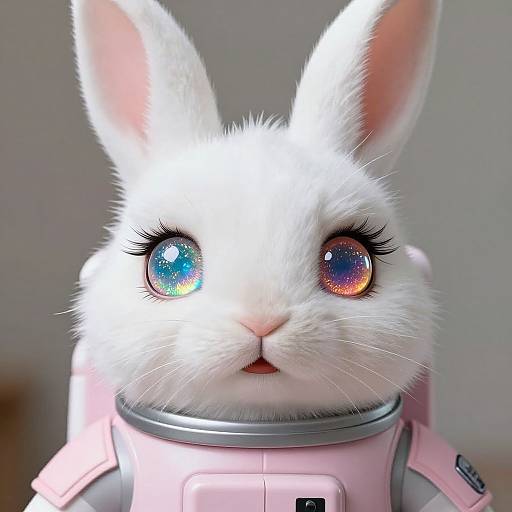 Photograph of a white rabbit with colorful, iridescent eyes, wearing a pink astronaut helmet, set against a neutral background.