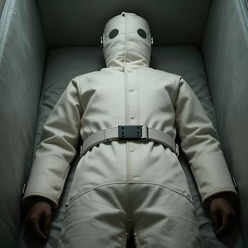 Photograph of a person in a white, full-body restraint suit with a black mask, lying inside a narrow, dimly-lit, metallic box