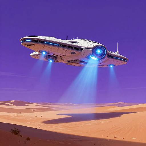 Photorealistic CGI of a white, futuristic spaceship with blue lights and beams hovering over a vivid orange desert under a deep purple sky.