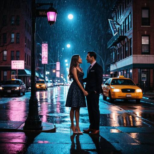 Romantic Couple in Rainy Night New York Street
