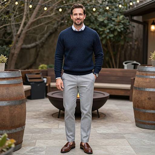 Photograph of a smiling man with dark hair and beard, wearing a navy sweater, white shirt, light gray pants, and brown shoes, standing in