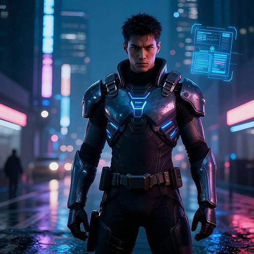 Photorealistic CGI of a muscular man in futuristic black armor with blue neon accents, standing in a neon-lit, rain-soaked city street at