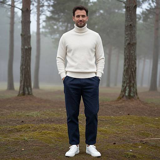 Photograph of a bearded man with short dark hair, wearing a white turtleneck sweater, dark pants, and white sneakers, standing in a