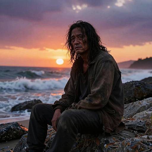 Weary Man on Rocky Beach at Sunset